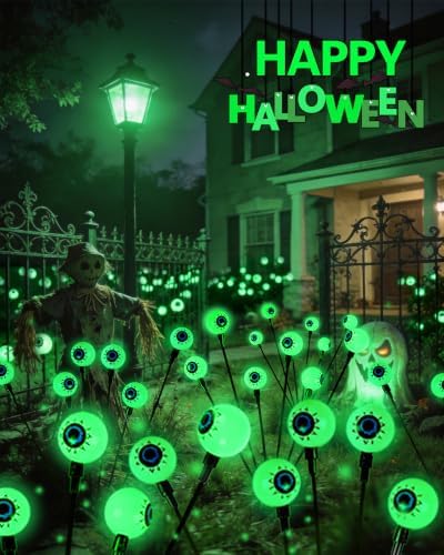 Solar Halloween Decorations Outdoor 2 Pack 12 LED Green Solar Eyeball Light