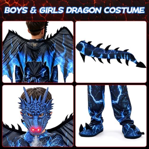 Kids Dragon Costume, Boys Dragon Halloween Costume with Mask, Wings & Tail