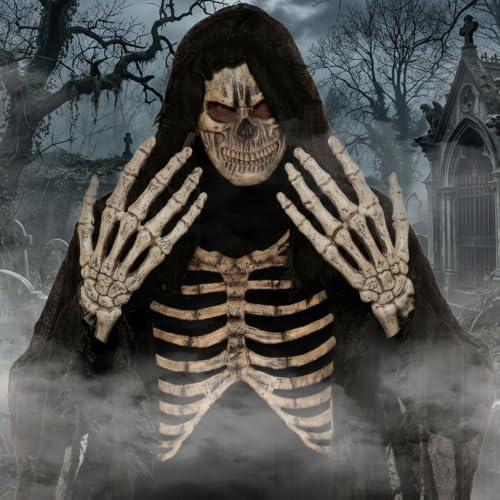UNDERWRAPS Deluxe Hooded Cloak Grim Reaper Costume for Men, Includes Foam Skeleton Chest Plate, Mask & Oversized Hands