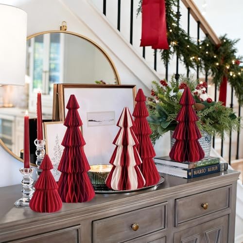 SUNBEAUTY 6 PCS Honeycomb Paper Christmas Tree Red White Paper Christmas Tree Decor 3D Honeycomb Trees Table Centerpiece Vintage Reusable Table Decor for Xmas Holiday Home Party Decorations