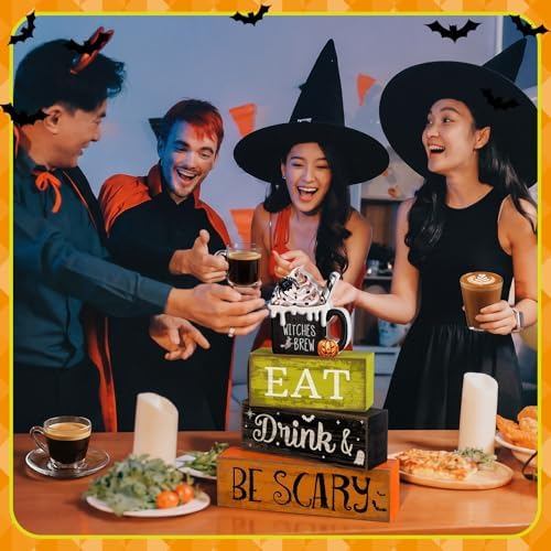 Lineshading 4 Pcs Halloween Wooden Block Signs, Eat Drink Be Scary Decor
