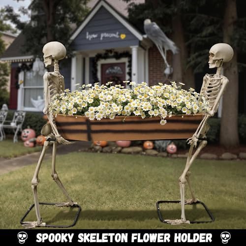 Halloween 5ft Two Skeleton Carrying Coffin Decorations, Poseable Arms Pallbearers, Life Size Skull Decor, Halloween Party Cooler Prop, Outdoor Spooky Graveyard, Indoor Haunted House, Yard Display