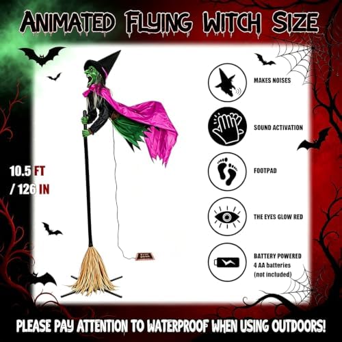 Halloween Decorations Outdoor – 10.5FT Animated Hovering Witch Animatronics with Sound & Footpad Activation – Spooky Flying Witch on Broom Decor for Home Garden Yard Lawn