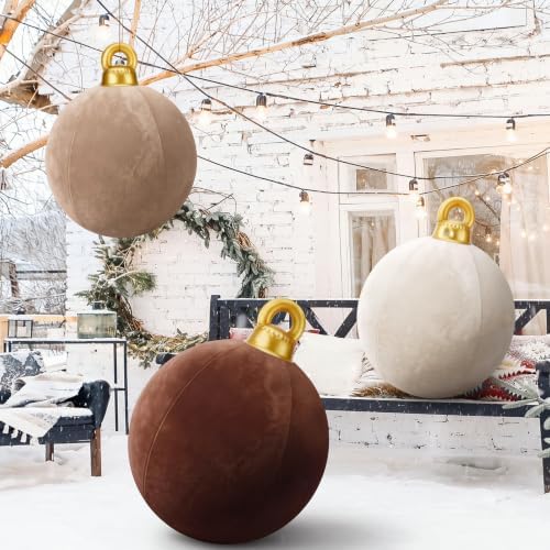 3 Pcs 32 Inch Giant Velvet Christmas Inflatable Balls, Brown, Khaki, Beige
