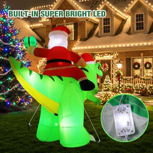 7.9FT Christmas Inflatables Santa Riding Giant Dinosaur for Party Xmas