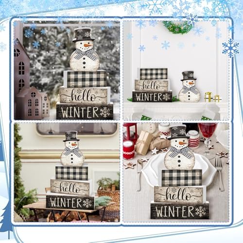 Moucuny 4 Pcs Winter Snowman Tiered Tray Decor Wooden Block Signs