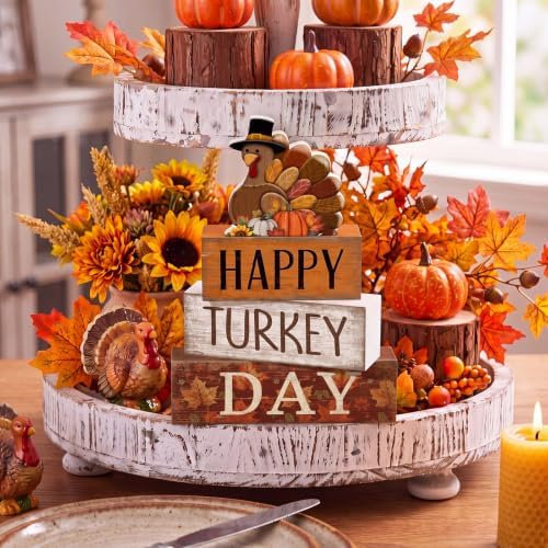 Moucuny 4 Pcs Thanksgiving Table Decor, Happy Turkey Day Wooden Block Signs