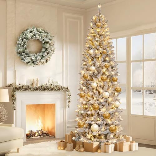 GarveeHome 6 ft Pencil Christmas Tree, Pre-Lit Frosted Artificial Tree, Skinny Xmas Trees Holiday Decoration, with LED Light and Metal Base