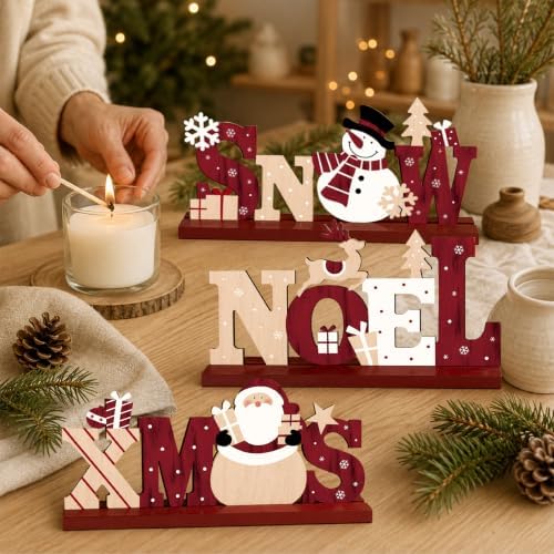 3Pcs Christmas Table Decorations, Wooden Christmas Decor Indoor