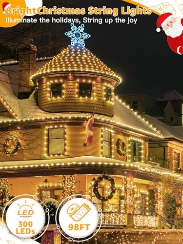 BrightChristmas 300 LED 98 FT Christmas Lights, Waterproof Outdoor String Lights with Remote and Timer, Christmas Tree Lights with 8 Modes Dimmable, Fairy Lights for Holiday Decor (Warm White)