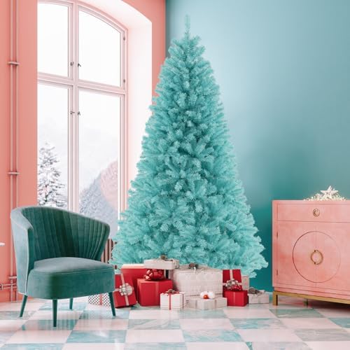 HAPPYGRILL 7 FT Pre-lit Artificial Christmas Tree Blue Hinged Xmas Tree with 1040 Branch Tips, 380 Warm White LED Lights & Folding Metal Stand, Pre-Lit Holiday Decoration Tree for Home Office