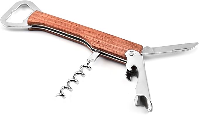 Stainless Steel Red Wine Opener Wood Handle With Leather Professional Multifunction Portable Screw Corkscrew Kitchen Bar Tools(L)