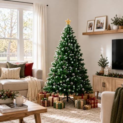 XtremepowerUS 5FT Artificial Christmas Tree, Snow Flocked Spruce Frosted Tips with Pinecones, Pre-Decorated Realistic Holiday Tree with Hinged Branches & Metal Stand for Indoor Home Christmas Décor