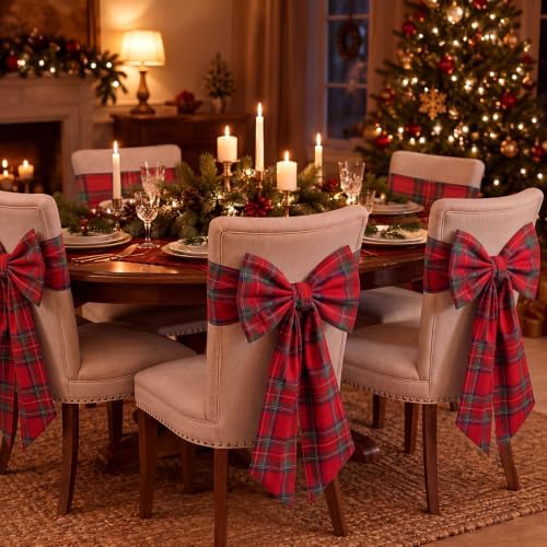 Thiccywoov 6 Pcs Christmas Chair Bows Decorations 25 x 14 in, Red Tartan
