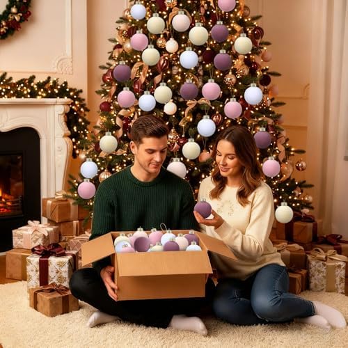 Gemscream 30 Pcs Velvet Christmas Balls, 3.15" Flocked Blue Ornaments, Pink