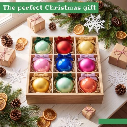 Hollowfly 9 Pcs 4 Inch Colorful Glass Christmas Ornaments with Velvet Bow