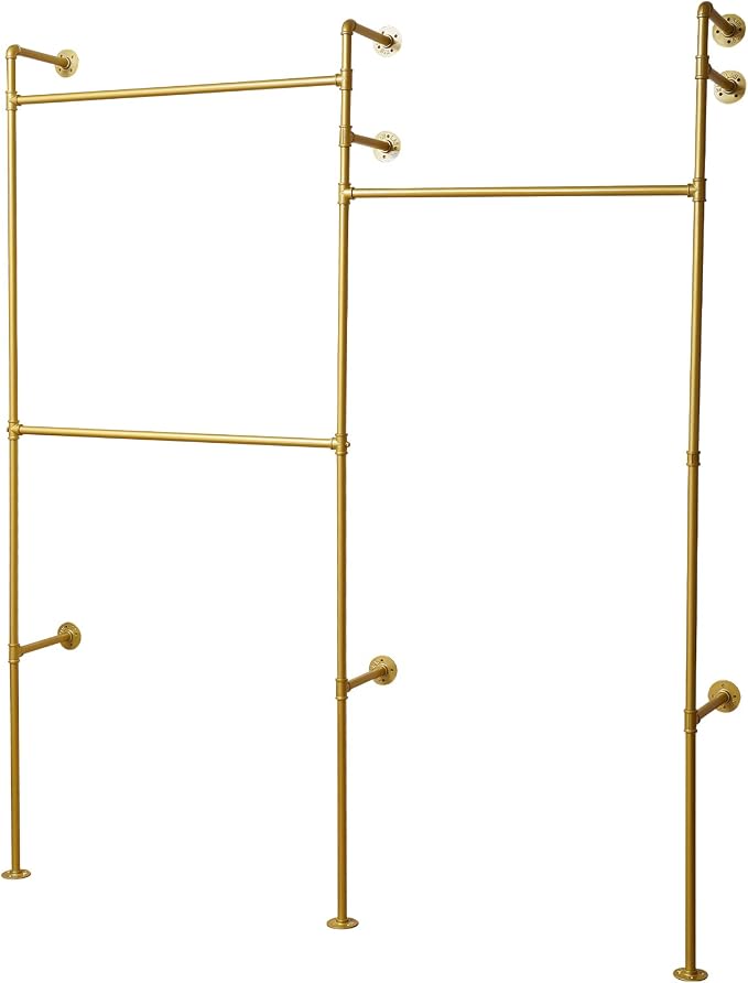 Industrial Pipe Clothing Rack Wall Mounted Clothing Racks 3 Shelves Clothes Organizer with 3 Hanging Rods, Garment Rack for Homes, Laundry Room, Hotels (Gold)