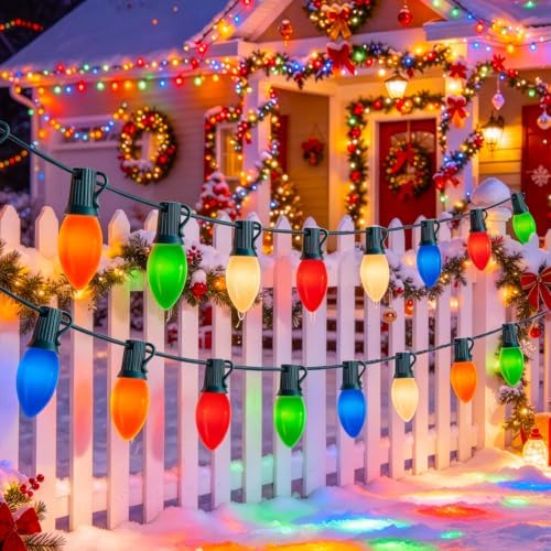 25Ft C9 LED Christmas String Lights Outdoor, Multicolor Christmas Decorations Lights with 25+1 Colored C9 LED Bulbs, Vintage Decor Light for Xmas Tree Home Yard Party Decor, E17 Base, Green Wire
