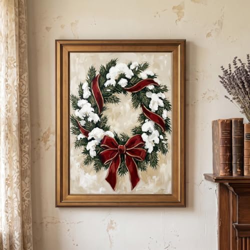 Framed Canvas Wall Art Expressive Painterly Evergreen Wreath Snow White and Red Accents Canvas Print Poster Gold Frame Wall Decor for Living Room Winter Art, Holiday Decor - Inch 8x10