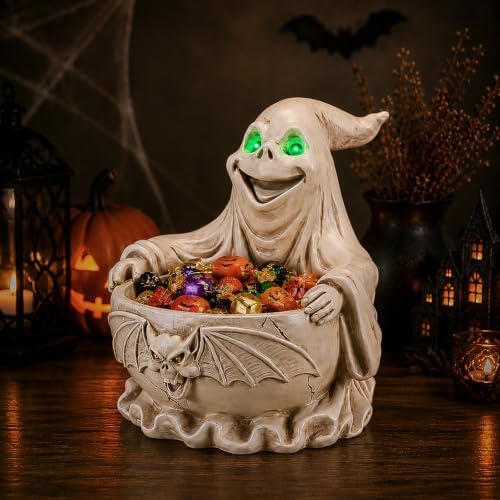 Halloween Ghost Candy Bowl with Glowing Eyes, Batteries Included