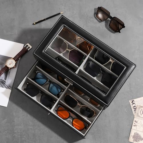 ProCase 12 Slots Sunglasses Organizer, 2 Layer Sunglass Case, Leather Eyeglass Cases for Display and Storage -Black