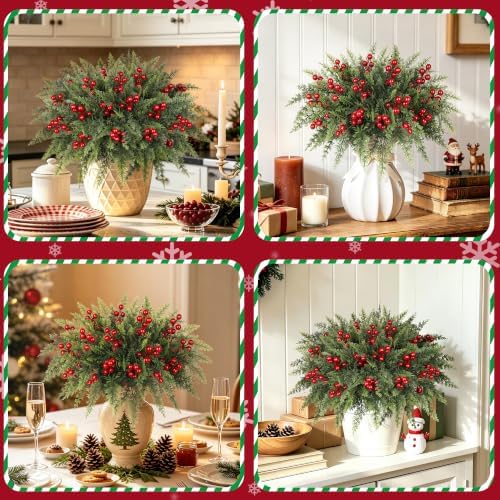 6 Bundles Artificial Christmas Flowers, Norfolk Pine & Red Berry Stems
