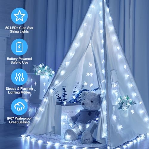 Minetom Star String Lights Battery Operated - 17 ft 50 LED Star Fairy String Lights with Timer, Waterproof for Indoor Bedroom Tent Loft Bed Patio Party Wedding Decor, White