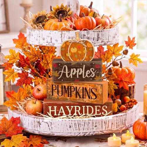 Moucuny 4 Pcs Fall Table Decoration for Home, Wooden Pumpkins Harvest Decor