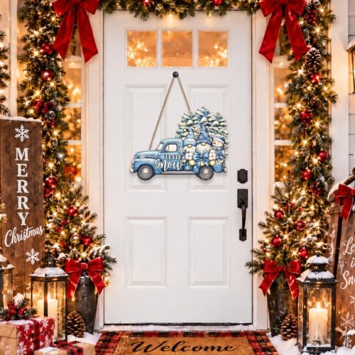 Christmas Decorations Blue Truck Winter Gnomes Hanging Wooden Sign
