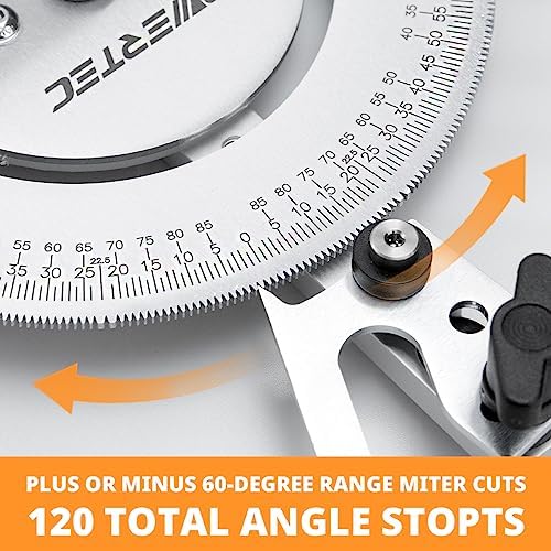 POWERTEC 71143 Deluxe Miter Gauge for Table Saw | Miter Guide with 120 Angle Stops, Silver