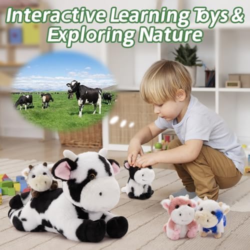 MorisMos Cow Stuffed Animals, 16" Mommy Cow with 4 Babies