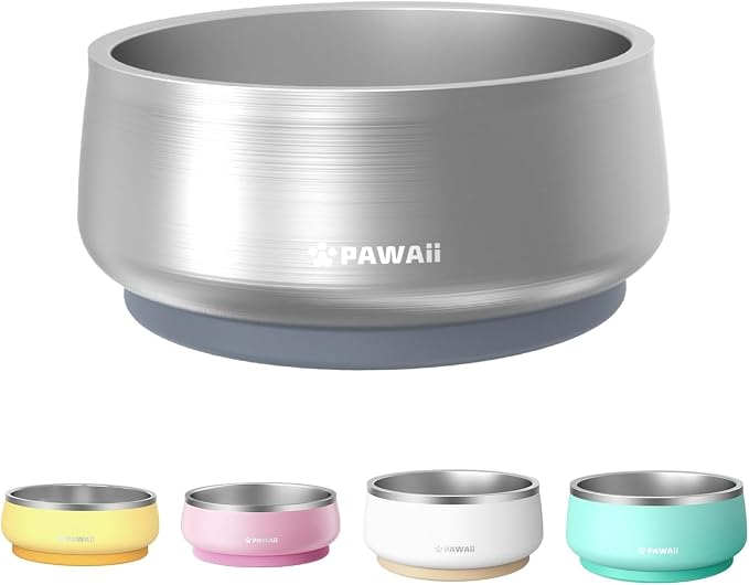 Pawaii Dog Bowl,68 oz Stainless Steel Food and Water Bowl,ID Tag,1 Pack | Double-Wall Design,Non-Slip Rubber Base,Dishwasher Safe,Smooth Open Design, Not a Slow Feeder,Easy-Rinse Interior