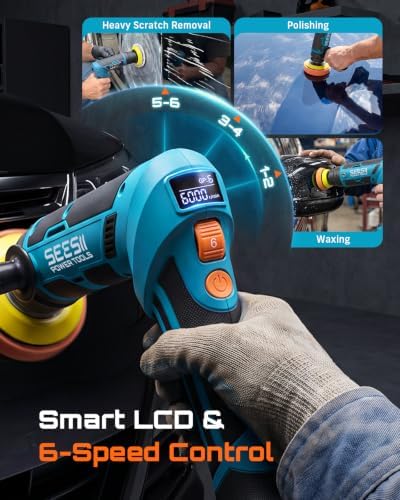 Seesii 21V Cordless Mini Car Polisher, 2-in-1 Dual Head Portable Polishing Machine with LCD 6 Speed & 2x4000mAh Batteries, Compatible with 1.5/2/3 Inch Replaceable Pads for Auto Detailing, Polishing