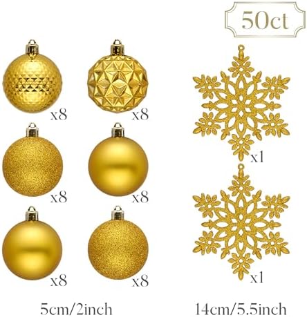 Valery Madelyn Christmas Tree Decorations Ornament Set, 50ct 2 Inches Gold Shatterproof Christmas Ball Ornaments Hanging Xmas Holiday Party Decor
