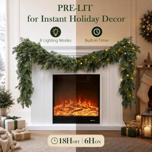 Pre-Lit Christmas Garland 6FT Decorations Real Touch Cedar Cypress Pine Greenery Artificial Green Christmas Garland with Lights for Mantle, Fireplace, Table, Stairs, Door, Indoor Outdoor Decorations