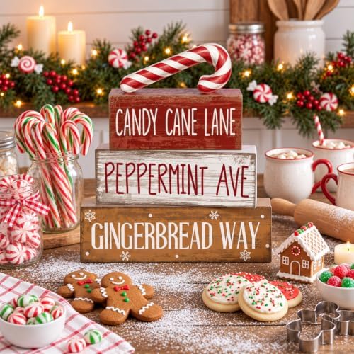 Moucuny 4 Pcs Christmas Table Decor Candy Cane Lane Sign, Wood Block Set
