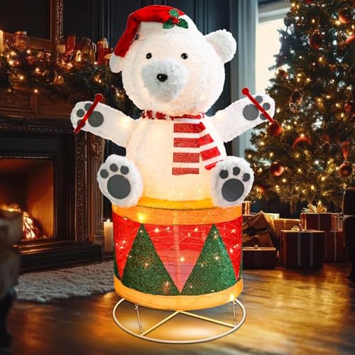 4 FT Lighted Christmas Drum Bear, Pre‑Lit Outdoor Yard Decor