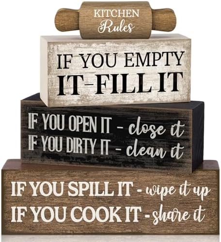 Moucuny 4 Pcs Farmhouse Tiered Tray Decor, Kitchen Rules Wooden Signs