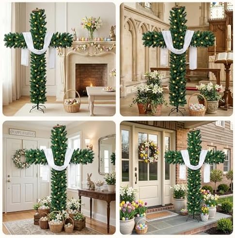 6ft Skinny Cross Christmas Tree with 33ft Plug-in String Lights(100 Bulbs) & White Silk Scarf & Crown of Thorns, Jesus Christ Catholic Cross Decor, Xmas Holiday Home Indoor Outdoor Decorations