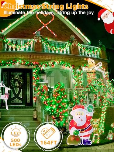 BrightChristmas 500 LED 164 FT Christmas Lights, Waterproof Outdoor String Lights with Remote and Timer, Christmas Tree Lights with 8 Modes Dimmable, Fairy Lights for Holiday Decor (Red and Green)