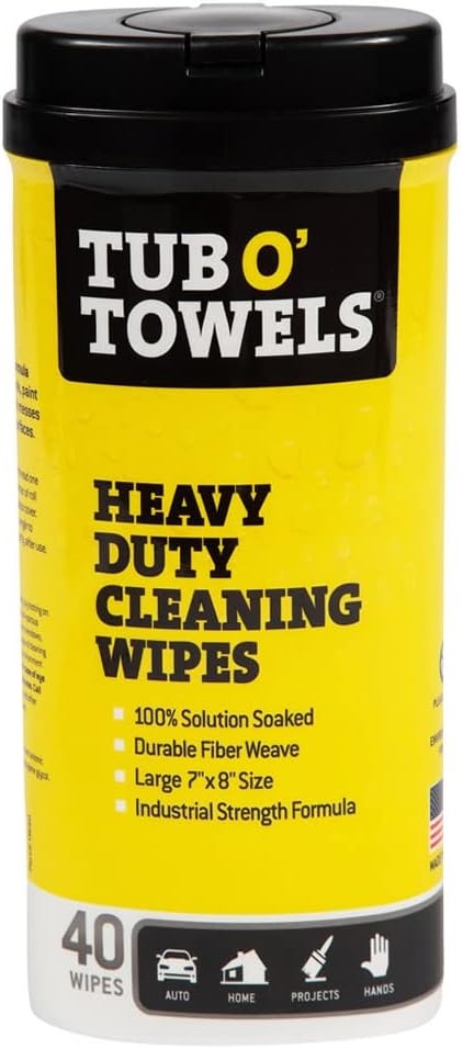 Tub O' Towels Heavy-Duty Multi-Surface Cleaning Wipes, 7" x 8", 40 Count Canister, Removes Grease, Grime, and Tough Stains, Durable Disposable White Wipes for Home, Garage, and Outdoor Cleaning Tasks | industrial-disposable-wipes