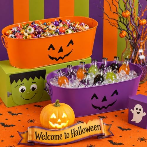 2Pcs 5.5 Gal Halloween Galvanized Beverage Ice Buckets,Halloween Candy Bowl