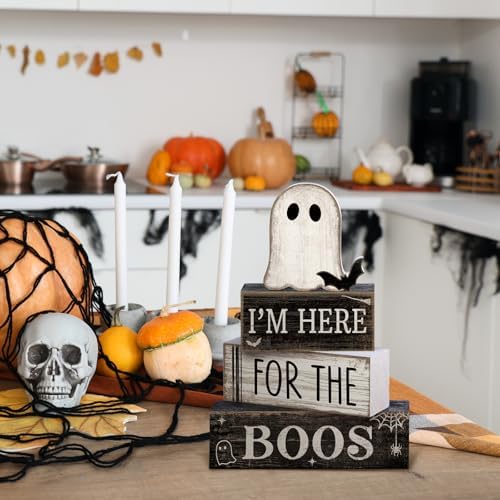 Lineshading 4 Pcs Halloween Table Decoration Ghost Wooden Tiered Tray Decor