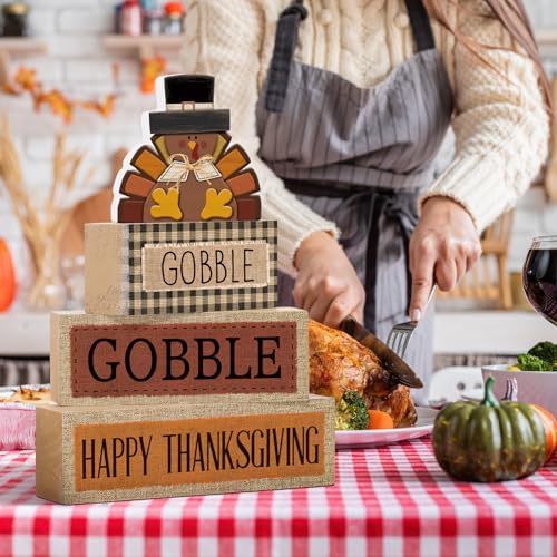 Lineshading 4 Pcs Thanksgiving Table Decor, Gobble Turkey Wooden Block Sign