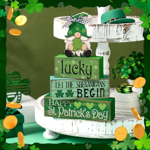 Moucuny 4 Pcs St. Patrick's Day Wood Signs Gnome Tiered Tray Table Decor