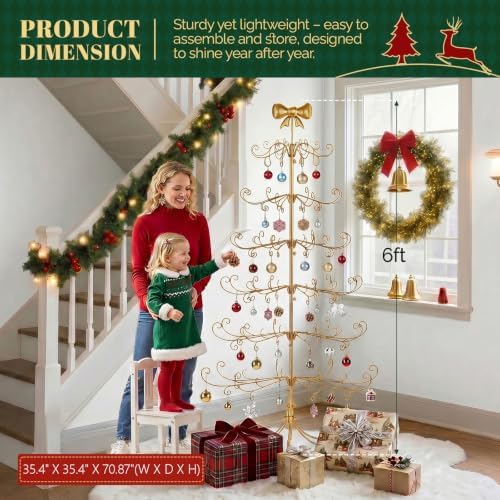 VINGLI 6FT Metal Christmas Ornament Tree, Wrought Iron Display Stand Gold