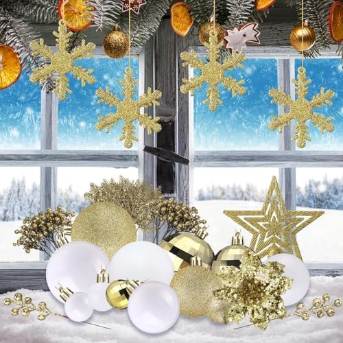 Sratte 94 Pcs Christmas Tree Ornaments Decoration Set, White, Gold