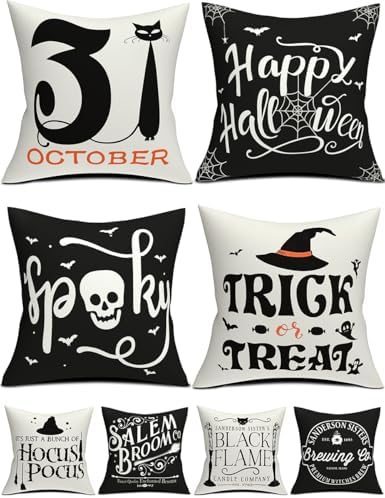Halloween Decorations Set Of 4 Double-Sided Print Pillow Covers 20" x 20", with 8 Cute Halloween Decor Patterns, Elegant Invisible Zipper, Soft Linen Throw Pillow Covers for Outdoor & Indoor Use