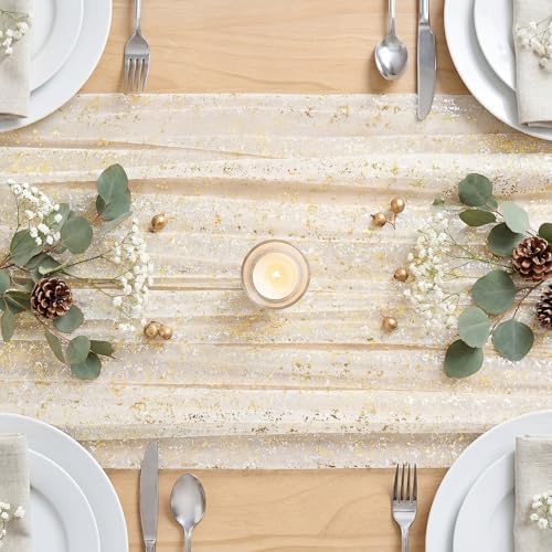 Artoid Mode Beige Gold Gauze Table Runner 59x120 Inch 10FT, Glitter Metallic Foil Sheer Dining Wedding Anniversary Holiday Birthday Table Decor for Home Party