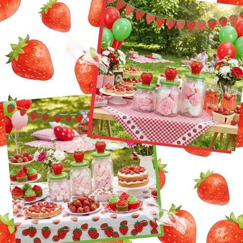 Mimorou 3 Set Strawberry Candy Glass Jars with Ceramic Lids 44oz 33oz 22oz Summer Strawberry Cookie Jars Airtight Glass Food Storage Containers for Summer Party Tea Cookie Snacks Sugar